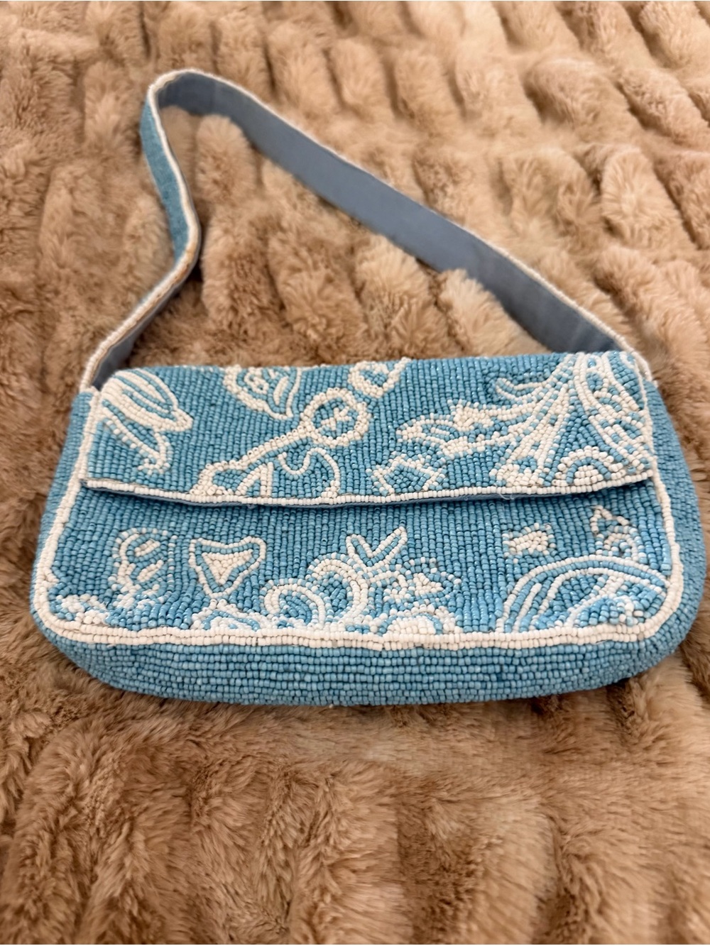 Anthropologie Fiona Blue and white Beaded Floral Shoulder Bag